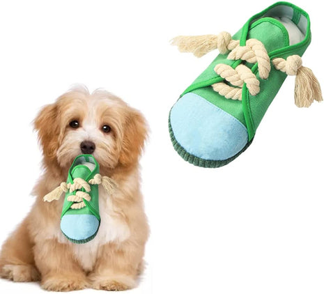 Durable Interactive Dog Chew Toy - Teething Shoe with Squeaker for Small to Medium Breeds, Machine Washable (Green)